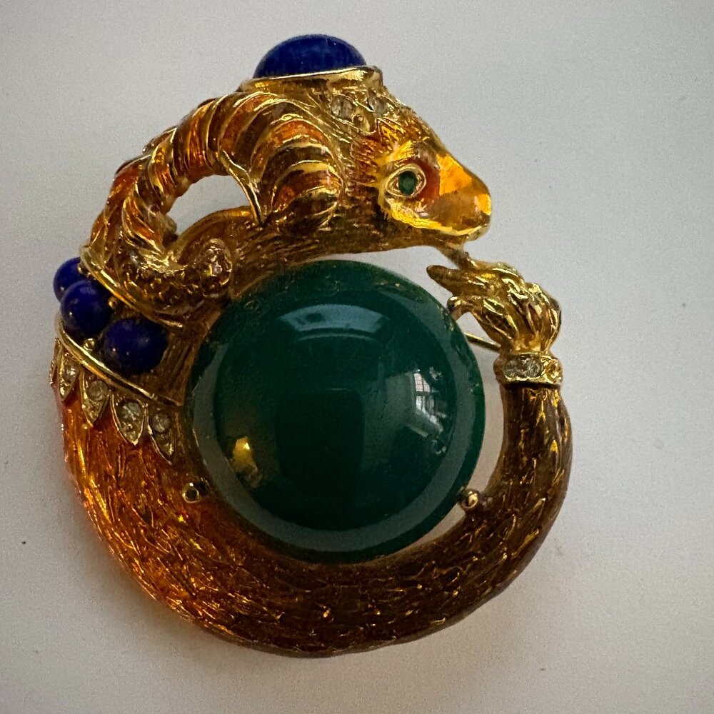 Vintage Gem Craft ram's head brooch in gold metal, enamel and glass stones